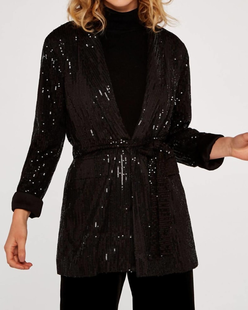 Front of a model wearing a size LARGE Sequin Belt Blazer in Black in Black by APRICOT. | dia_product_style_image_id:326586